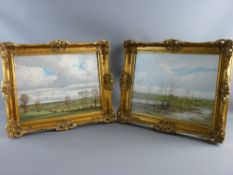 NICHOLAS MACE oils on canvas, a pair - Norfolk scenes of figures and dogs in a rolling landscape and