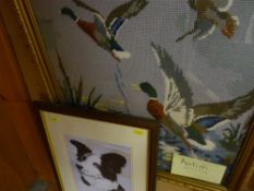 SYD PULLINGER print - sheepdog and a woolwork tapestry of ducks in flight