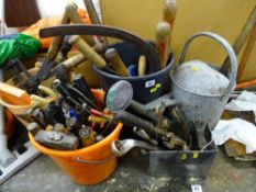 Quantity of hand tools, watering can, vintage hedge trimmer etc in three plastic buckets and a metal