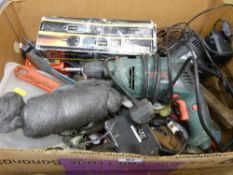Box with Bosch hand drill and a Cougar electric screwdriver etc E/T