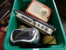 Tub with Tevion radio alarm clock, a vintage Phillips transistor radio recorder and a Dansette 222