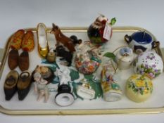 Pair of horn topped snuff shoes, Staffs penholder and two further figures along with other