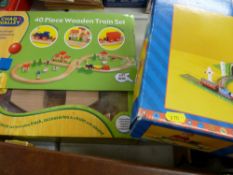 Boxed Chad Valley forty piece wooden train set and a similar Thomas the Tank Engine set
