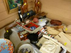 Parcel of ornamental items including treen ware giraffes, crocodile, back-scratcher, ducks etc