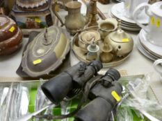 Boxed cutlery, electroplate and brassware and a set of binoculars