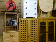 Pine cupboard, oak bookcase, a painted chest and one other