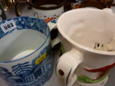 Blue and white tankard, two copper lustre jugs and a hunting scene twin handled tankard