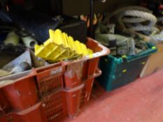 Two plastic tubs of miscellaneous garage hand tools, decorating items and a box of heavy duty rope