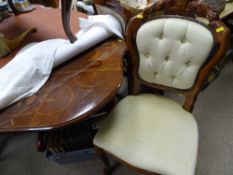 Italian inlaid dining table and four upholstered and button backed chairs