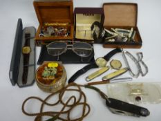 Box of collectables including vintage penknives, wristwatches, costume jewellery and cufflinks etc