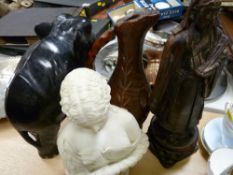 Carved elephant, parian effect bust etc