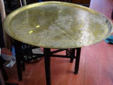 Benares brass table and stand and two single headboards etc