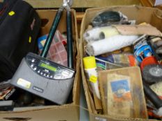 Two boxes of miscellaneous decorating equipment, radio, car valet equipment and fixings etc