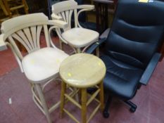 Black office chair and two curved back high kitchen chairs plus one wooden bar stool
