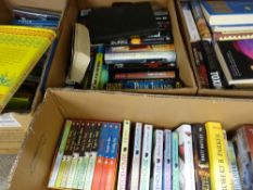 Four boxes of mixed mainly fictional books including a large quantity of P G Woodhouse, modern
