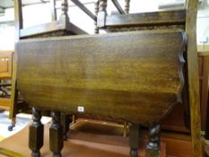 Decorative edge barley twist gate leg table and four slatback upholstered seat chairs