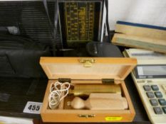 Vintage items including plumb bob, calculator, draught pieces etc