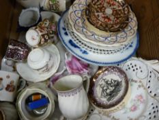 Box of mixed china including Royal Crown Derby, Welsh commemorative ware, pink lustre etc