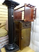 Black column planter stand, small polished wooden whatnot and a bedside cabinet