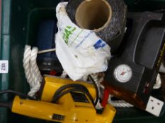 Tub with tow rope, Rockwell sander, hand tools, spanners etc