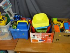 Children's mainly plastic toys in four boxes