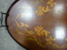 Neat mahogany galleried twin handled tray with inlaid foliage decoration