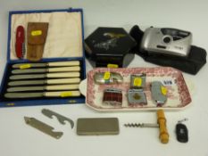 Cased set of knives, collection of vintage lighters, quantity of pocket knives etc