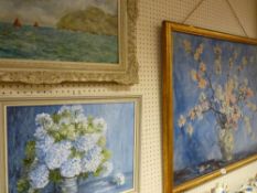 Oil on canvas - still life, another still life oil on board and an oil on board - yachting scene