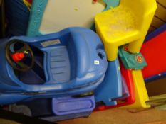 Little Tykes blue playcar, a playhouse, Early Learning Centre easel, pop-up play tents and a sandpit