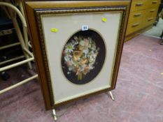 Firescreen with interior floral display and an octagonal side table with ball and claw feet etc