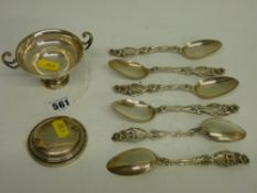 Quantity of small silver to include a small twin handled pedestal bowl, a set of six floral chased