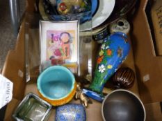 Box of mixed ornamental pottery, glassware etc