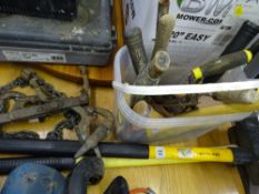 Two Hilka long handled axes, a tub of hand tools and a heavy duty metal monkey wrench