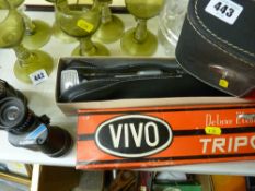 Cased set of binoculars and a vintage Vivo Deluxe Elevator boxed tripod stand