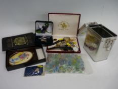 Quantity of vintage pocket watches, bag of marbles in a modern billy tin, a small selection of