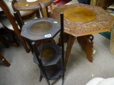 Plant stand with lower shelf, three tier cakestand and a floral carved occasional table