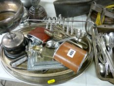 Mixed electroplate ware including trophy cup, flatware, flask, toast rack etc