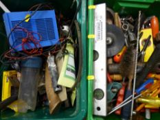 Two tubs of sockets, spanners, battery charger, mechanic's hand tools etc