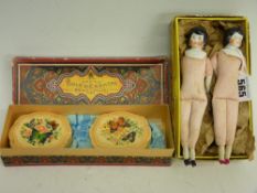 Two porcelain head vintage dolls and a fancy box of soaps