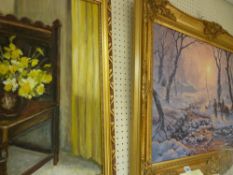 Print - child on a horse with father in snow and a still life print of daffodils