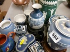 Quantity of Wedgwood Jasperware, blue and white china and a green lidded jug by Dudson Hanley