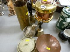 Parcel of copper and brassware including Trench art, copper kettle, brass stand and heavy hen shaped