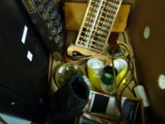 Box containing treen ware including abacus, lamp, sewing box, electronic chess game etc