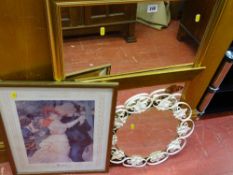 Wooden framed mirror and another smaller, a circular metal floral decorated mirror and a Renoir