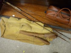 Cased set of bowls, canvas bag and a fishing rod in a canvas holder