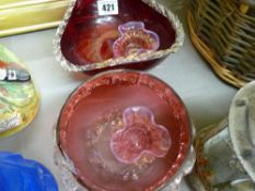 Pair of vaseline glass small bowls and two items of cranberry glassware