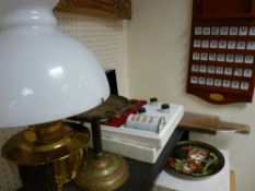 Brass effect oil lamp, smoker's companion, wooden calendar etc
