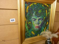 Abstract oil on board - head portrait of a young woman, initialled 'J C', dated '78