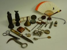 Vintage tin of collectables including compasses, penknife, corkscrews etc