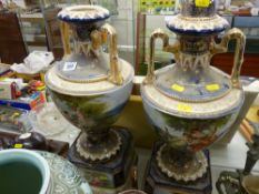 Pair of Continental vases on stand and an old teapot
